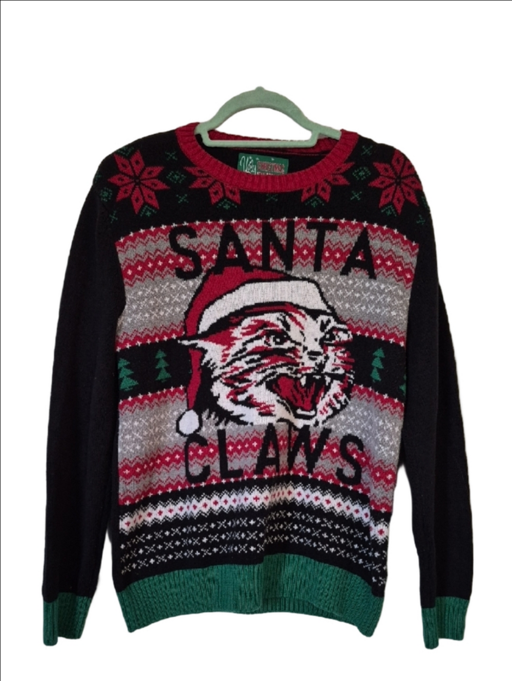 Ugly Christmas Sweater - Black Red Green Crewneck Holiday Cat Med
